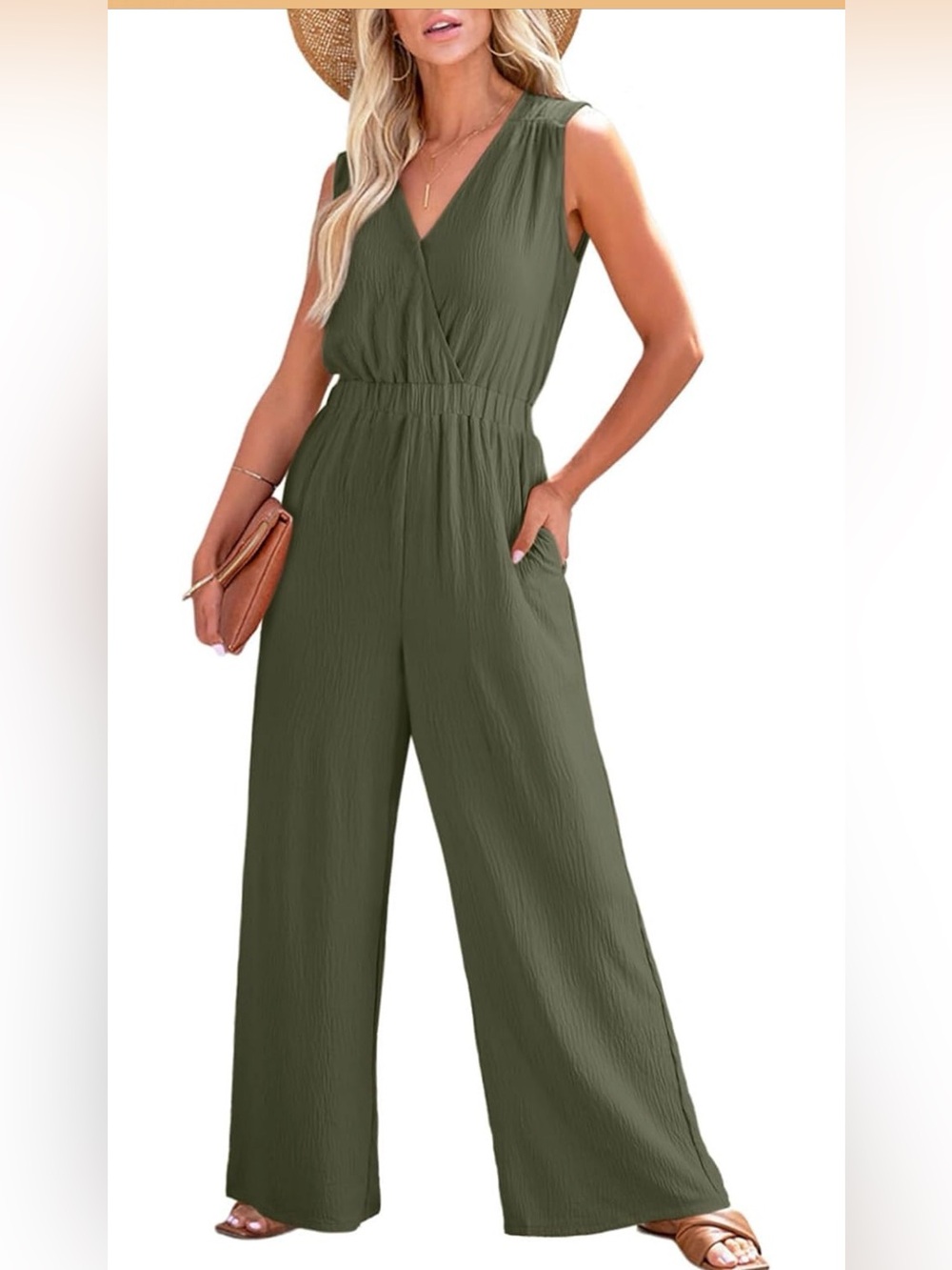 NWT Sleeveless Olive Green Wide-Leg Jumpsuit Size XL